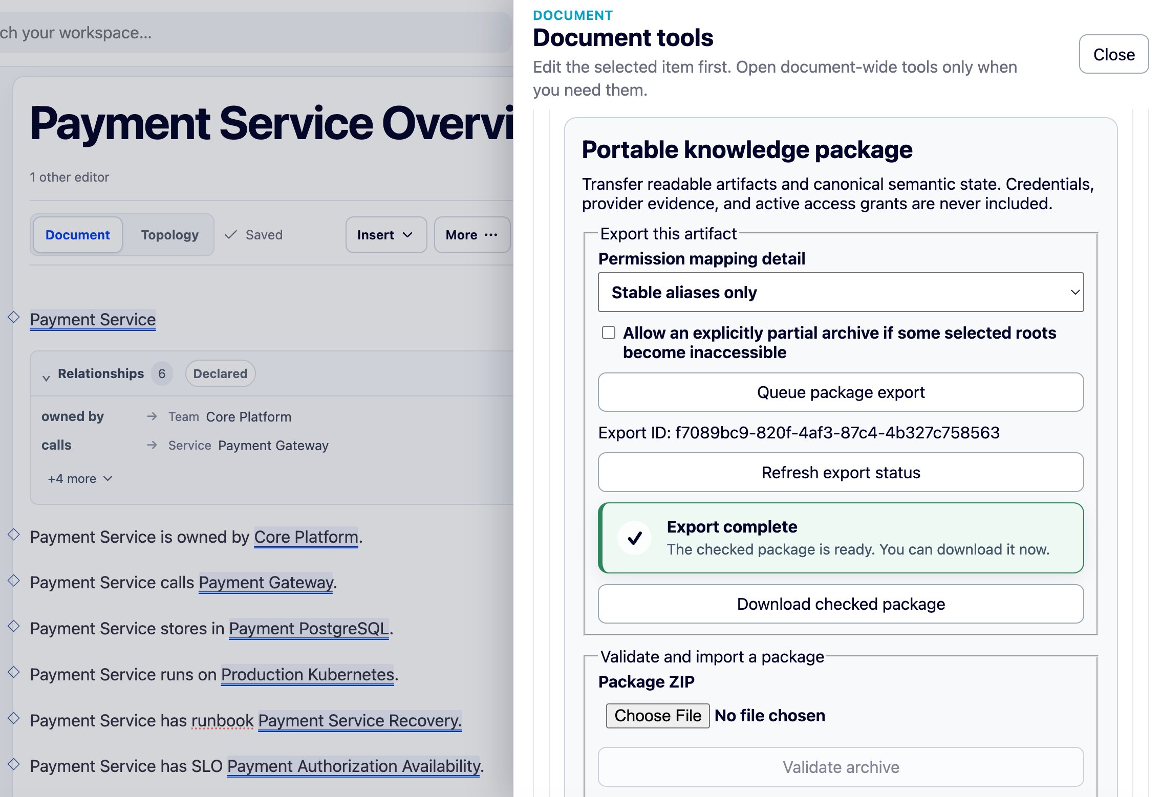 Document tools beside the Payment Service document, showing Portable knowledge package, Stable aliases only, Export complete and Download checked package